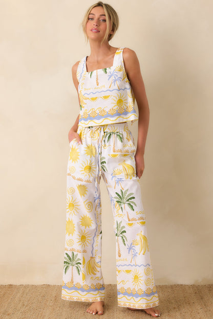 Paradisa Bahia Bay White Multi Linen Blend Tropical Print Tank Top