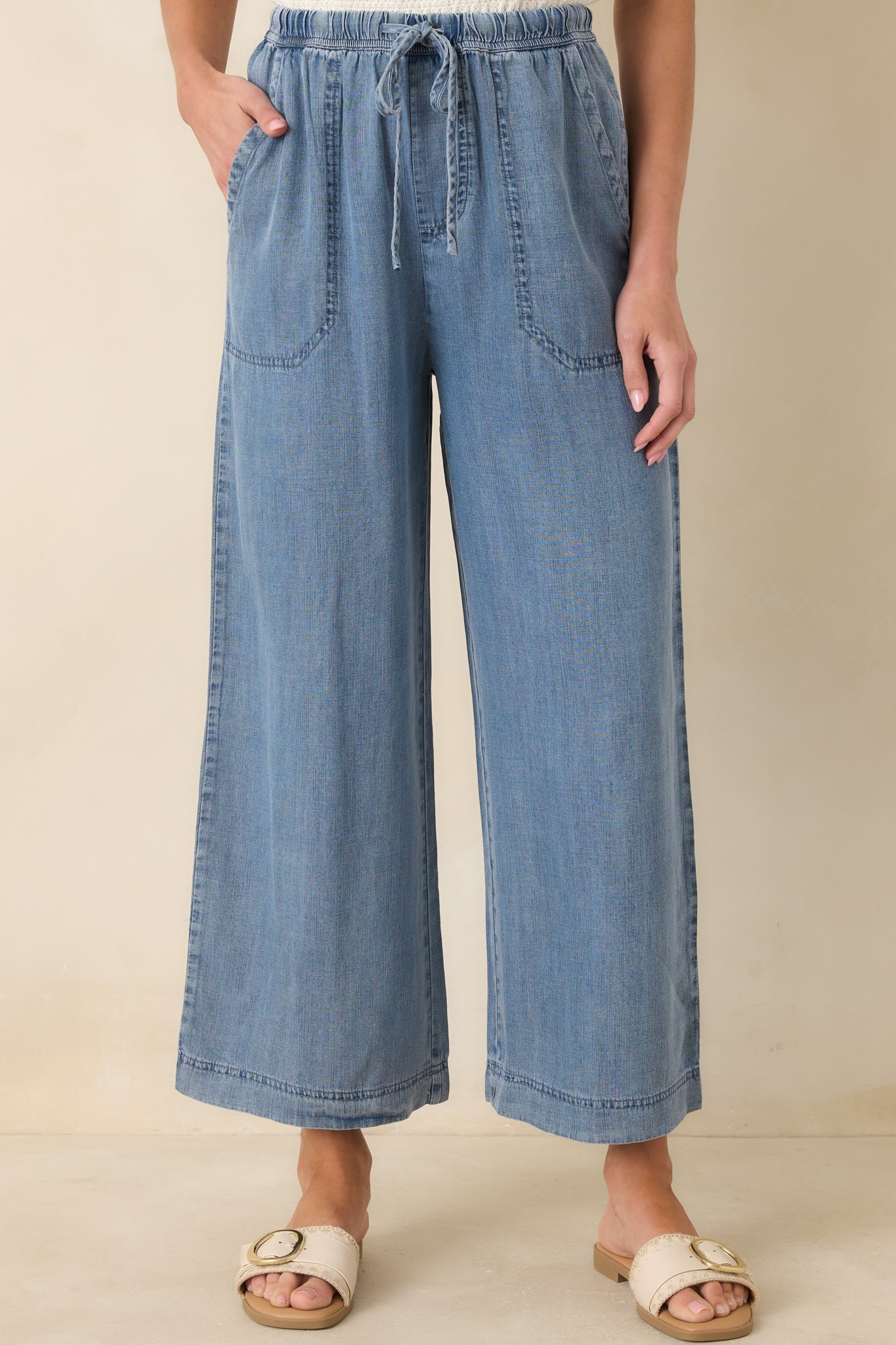 Wherever You’re Going Medium Wash Denim Wide Leg Drawstring Pants