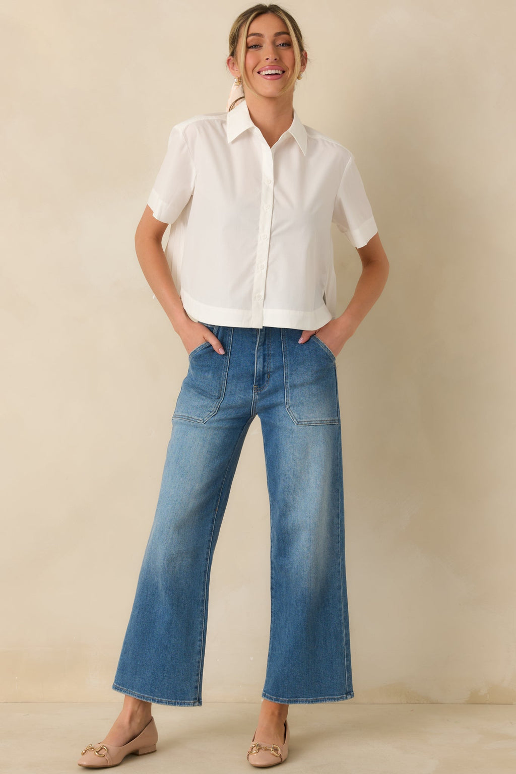 Duly Noted White Pleated Back Button-Up Blouse