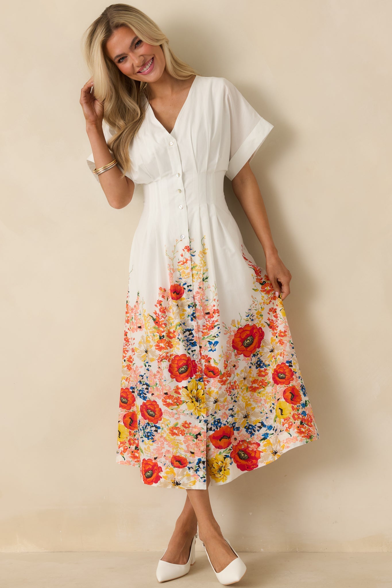 What Comes Next White Multi Cotton Floral Midi Dress