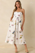 Promise in Bloom White Multi Floral Cotton Tie-Back Scalloped Midi Dress
