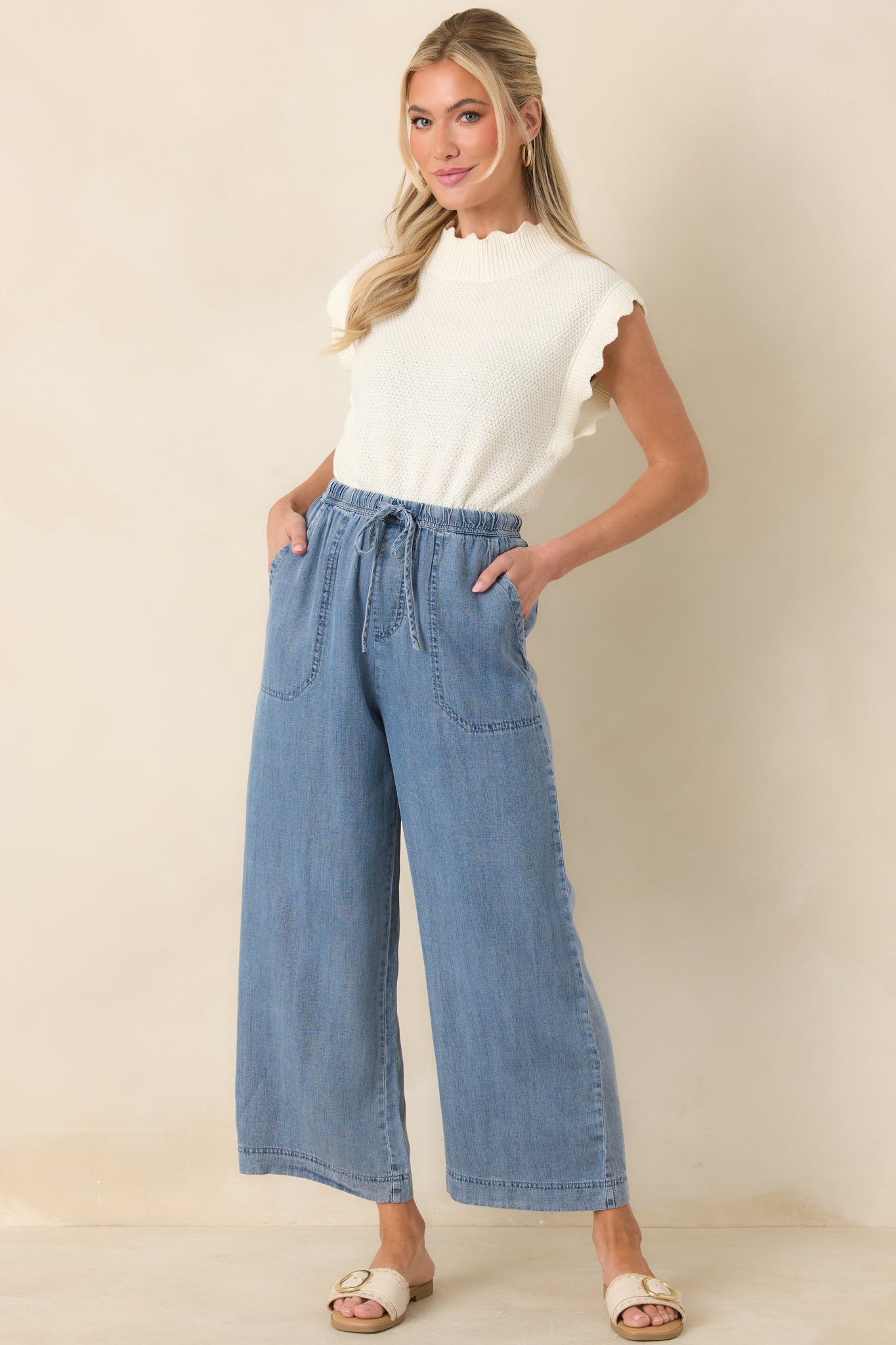 Wherever You’re Going Medium Wash Denim Wide Leg Drawstring Pants