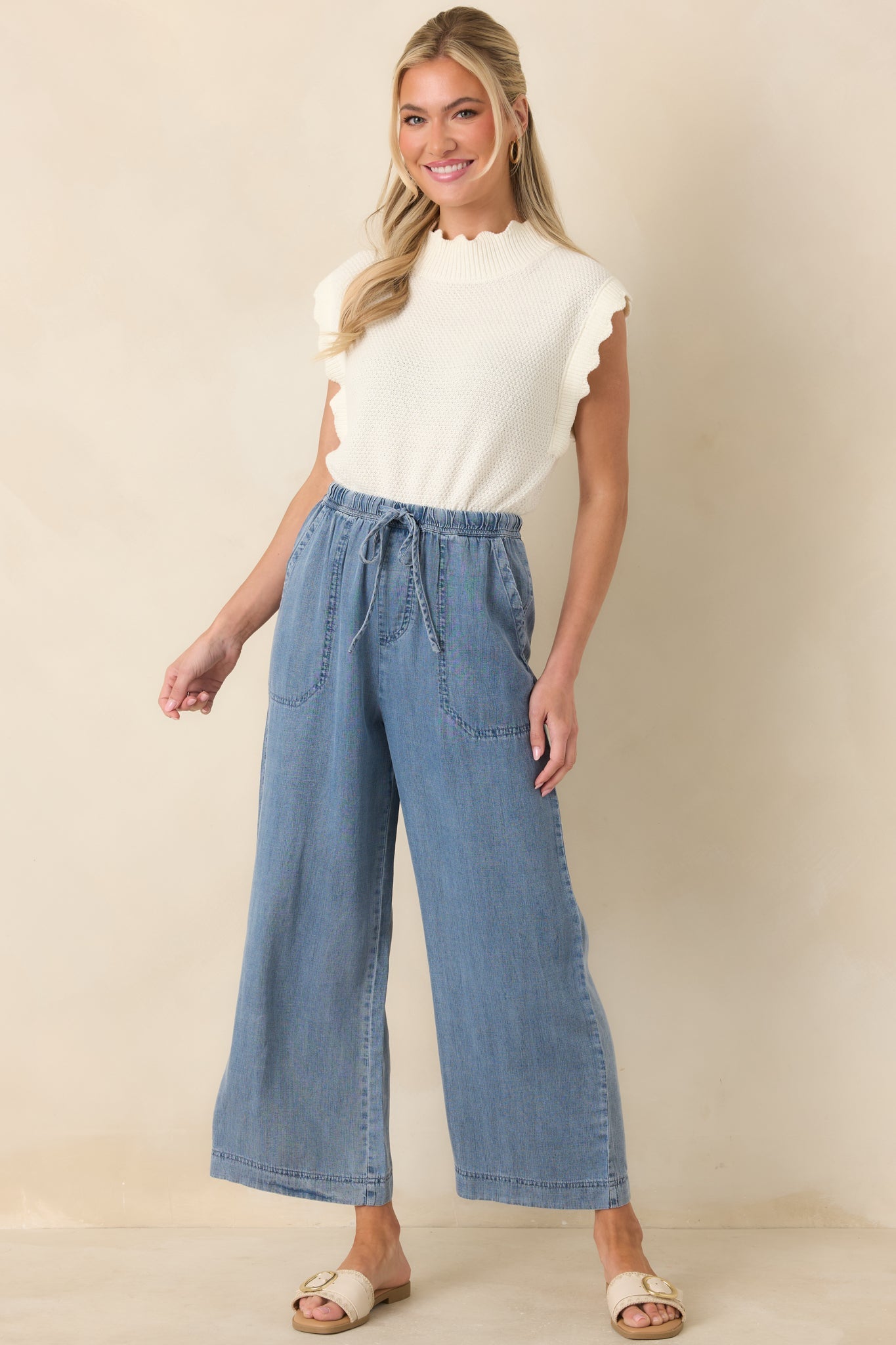 Wherever You’re Going Medium Wash Denim Wide Leg Drawstring Pants