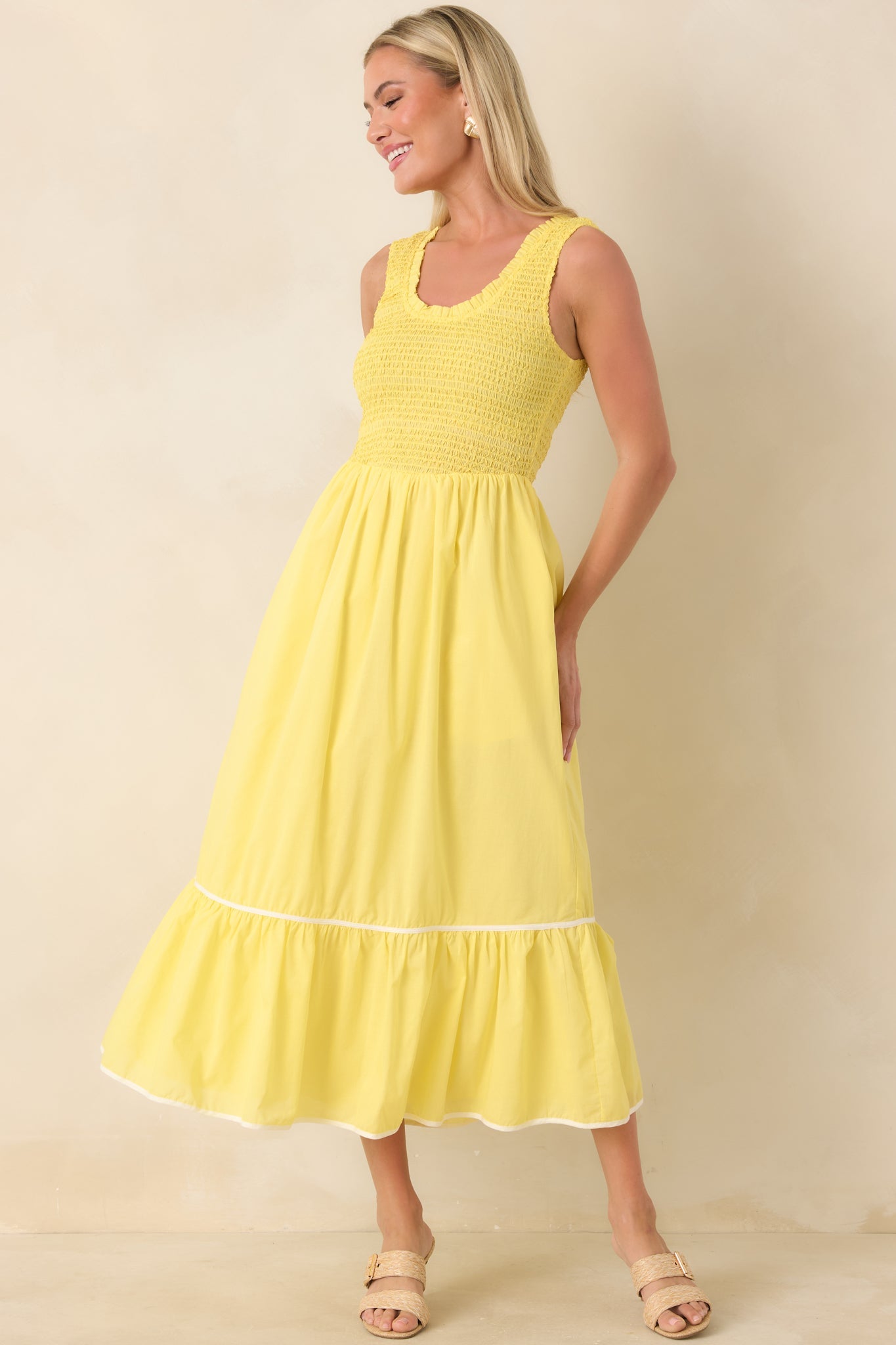 Today’s the Day Yellow Textured Cotton Tiered Midi Dress