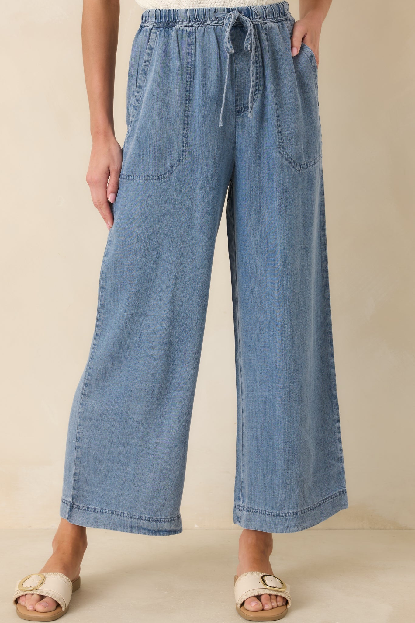 Wherever You’re Going Medium Wash Denim Wide Leg Drawstring Pants