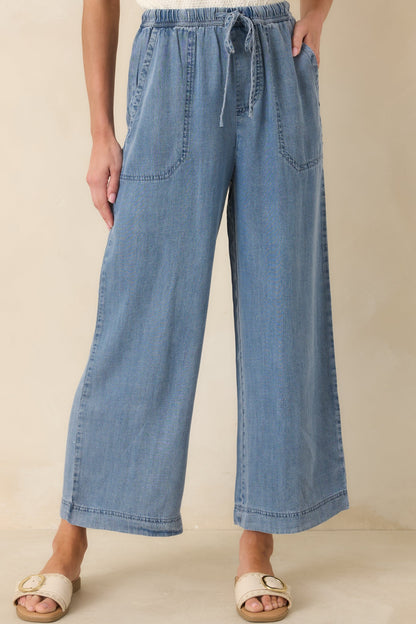 Wherever You’re Going Medium Wash Denim Wide Leg Drawstring Pants