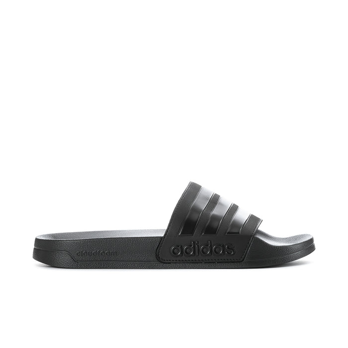 Black slide sandals for men with adidas logo and three strap stripes