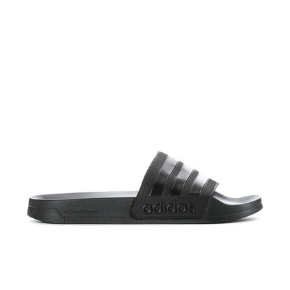 Black slide sandals for men with adidas logo and three strap stripes