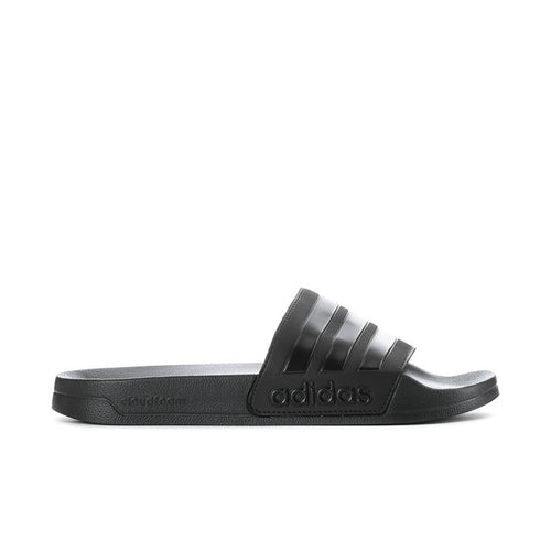 Black slide sandals for men with adidas logo and three strap stripes