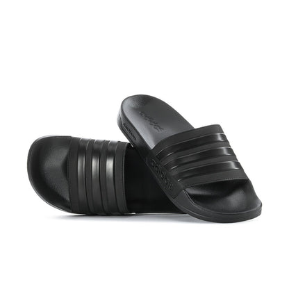Black adidas slide sandals with three raised strap bands and textured footbed