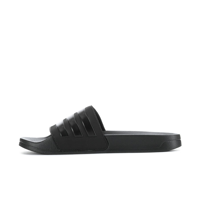 Black slide sandals with adidas three-stripe upper and cushioned slide footbed
