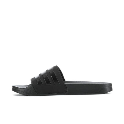 Black slide sandals with adidas three-stripe upper and cushioned slide footbed