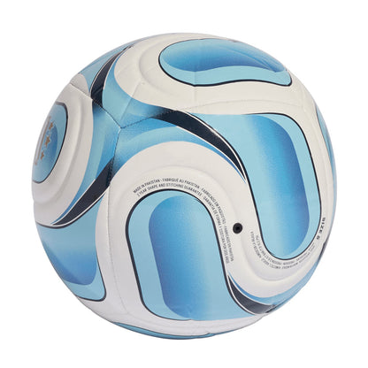 White and light blue soccer ball with stitched panels and dark curved lines