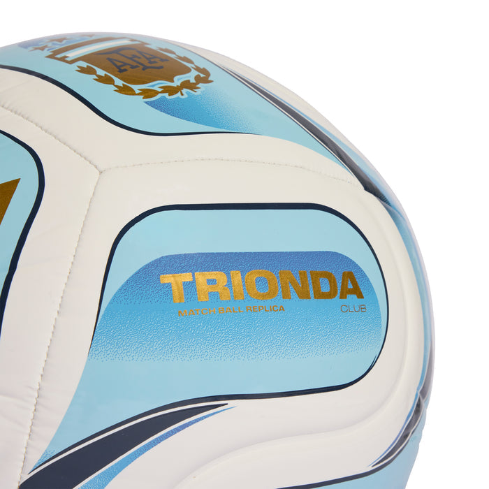 Soccer ball close-up with TRIONDA logo and light blue oval graphic
