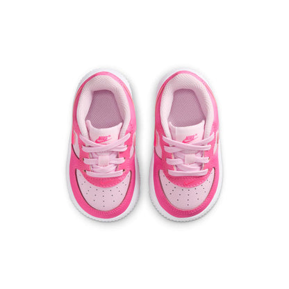 Toddler Nike Air Force 1 sneakers with pink uppers, white toe box, front lace-up view