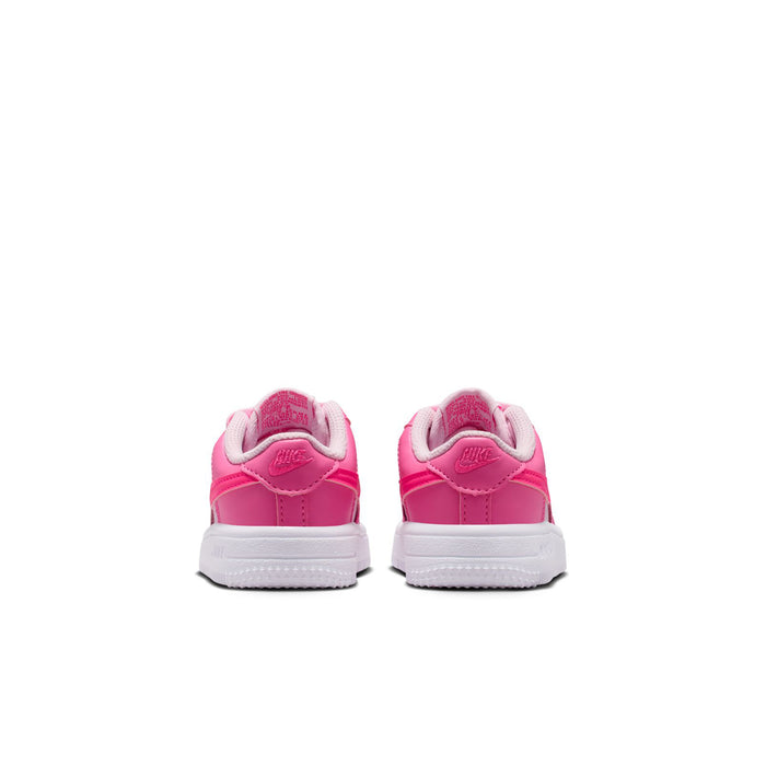Toddler Nike Air Force 1 sneakers, pink heel and white midsole, rear view