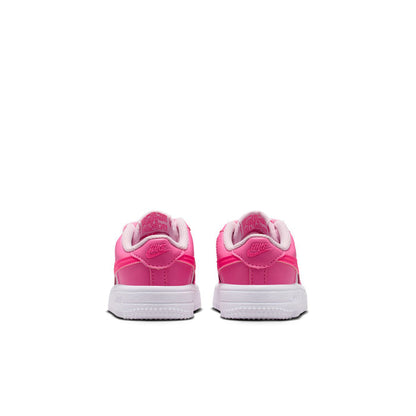 Toddler Nike Air Force 1 sneakers, pink heel and white midsole, rear view