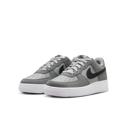 Youth Air Force 1 sneakers, pair view, light smoke gray with dark Nike swoosh