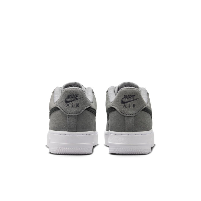 Youth Air Force 1 sneakers, heel view, smoke gray suede uppers with white midsoles