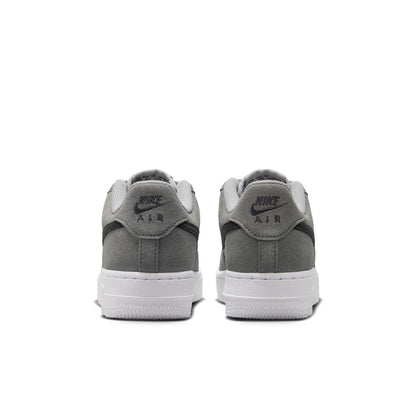 Youth Air Force 1 sneakers, heel view, smoke gray suede uppers with white midsoles