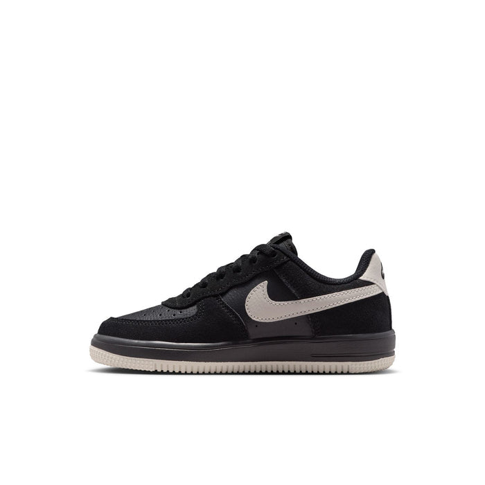 Kids Air Force 1 LV8 2 lace sneakers side view, black with light bone swoosh