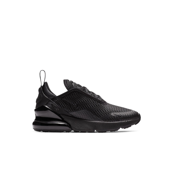 Kids black sneaker with mesh upper, logo detail, and large air-cushioned heel unit