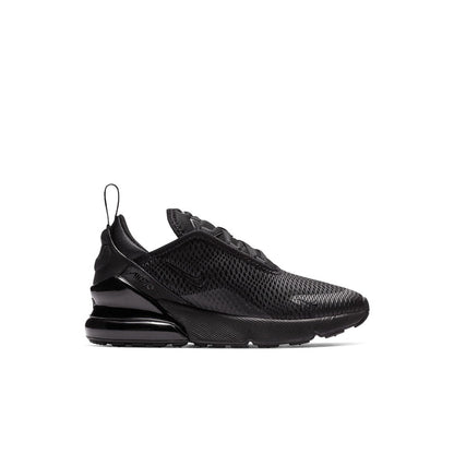 Kids black sneaker with mesh upper, logo detail, and large air-cushioned heel unit