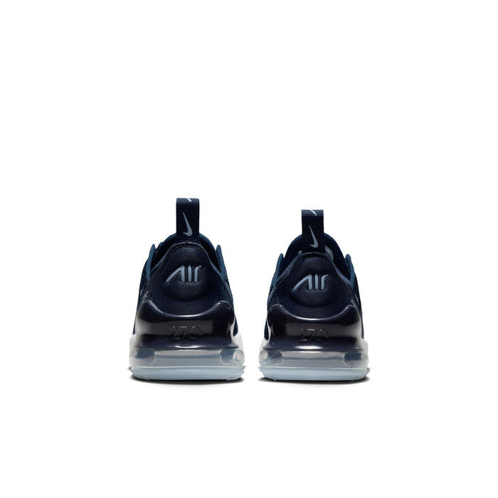 Kids navy Air Max 270 sneakers, rear view with heel air unit and pull tab