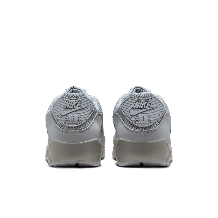 Men's light gray Air Max 90 heel sneakers, rear view with Nike Air branding