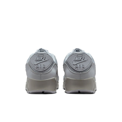 Men's light gray Air Max 90 heel sneakers, rear view with Nike Air branding