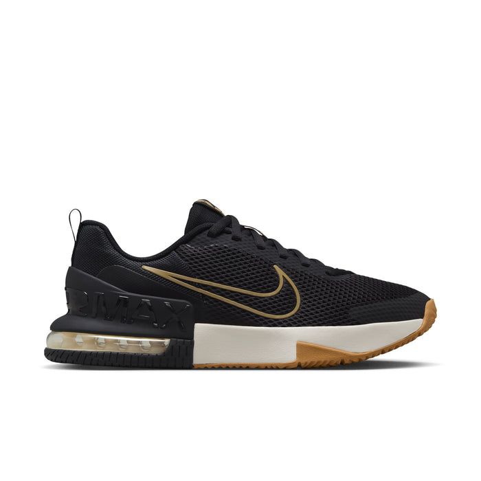 Black mesh men's athletic shoe with gold swoosh and tan outsole
