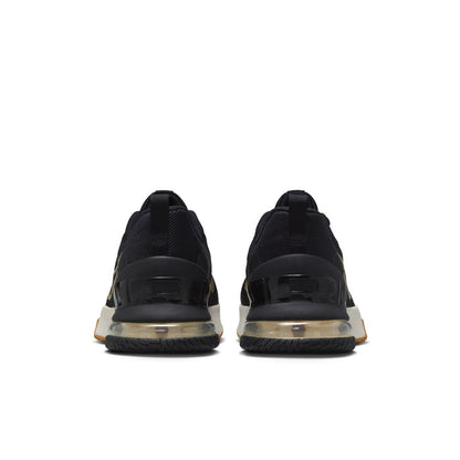 Black sneakers rear view with air-cushion heel and gold trim