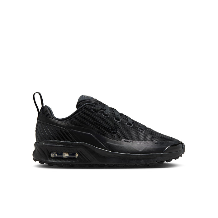 Youth black mesh lace-up running shoes with visible Air Max cushioning and swoosh