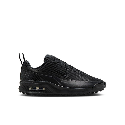Youth black mesh lace-up running shoes with visible Air Max cushioning and swoosh