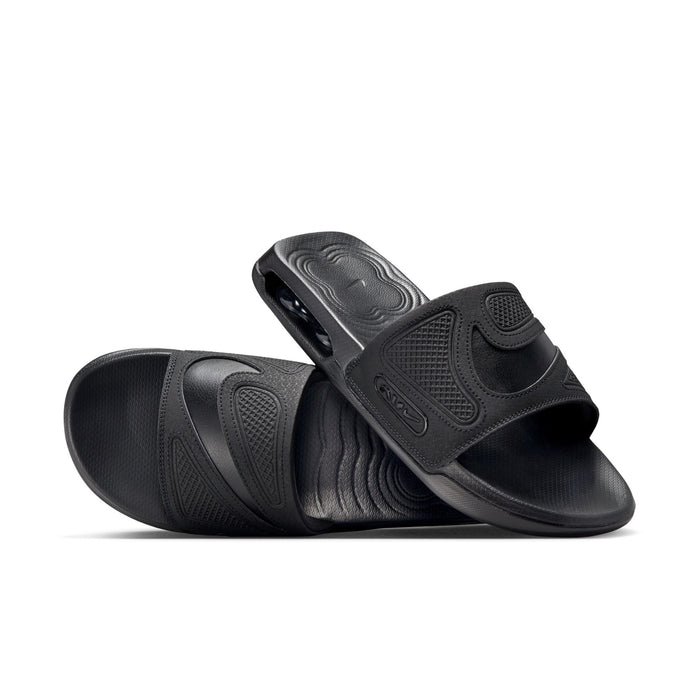 Black slide sandals, one-piece strap with wavy midfoot texture