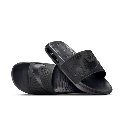 Black slide sandals, one-piece strap with wavy midfoot texture