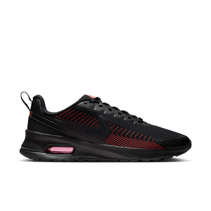 Men's black sneakers with red vent stripes and pink Air heel unit