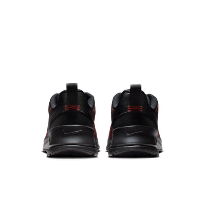 Pair of men's black sneakers with rear heel cushioning and red accent stripes