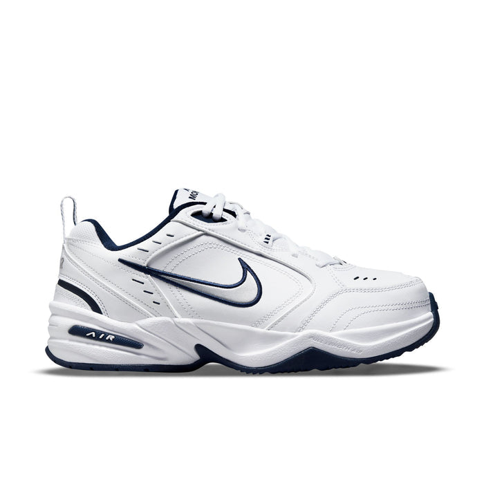 Men's white leather sneakers with navy swoosh, lace-up, cushioned Air sole
