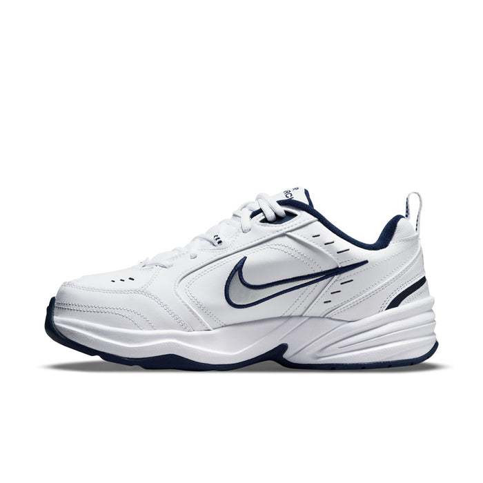 Men's white lace-up sneakers with navy swoosh and streamlined side panels