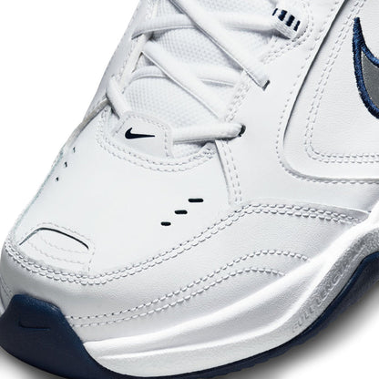 Men's white leather sneaker upper with navy swoosh and stitched lace overlay