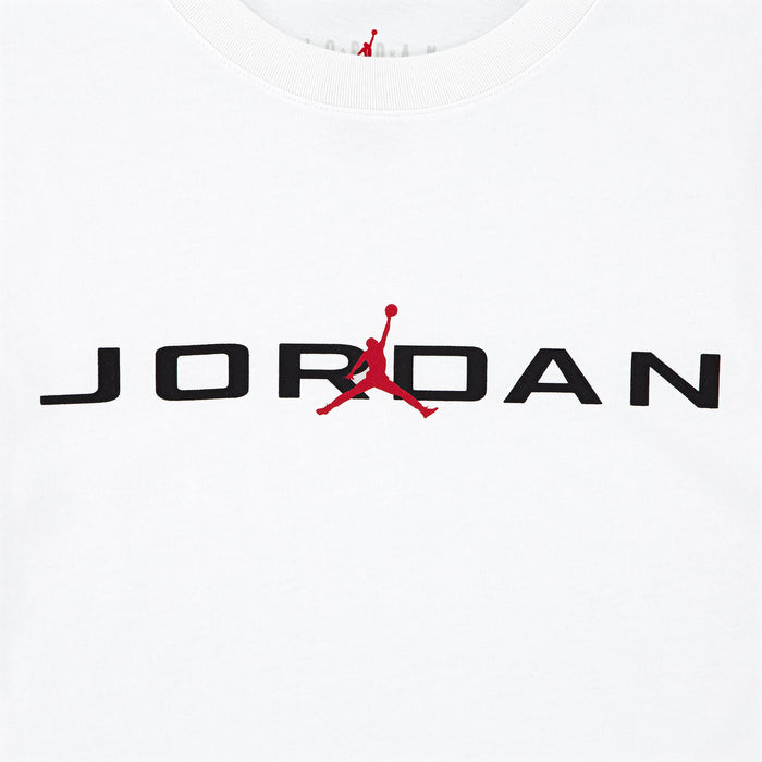 Youth white crew-neck T-shirt close-up of Jordan logo