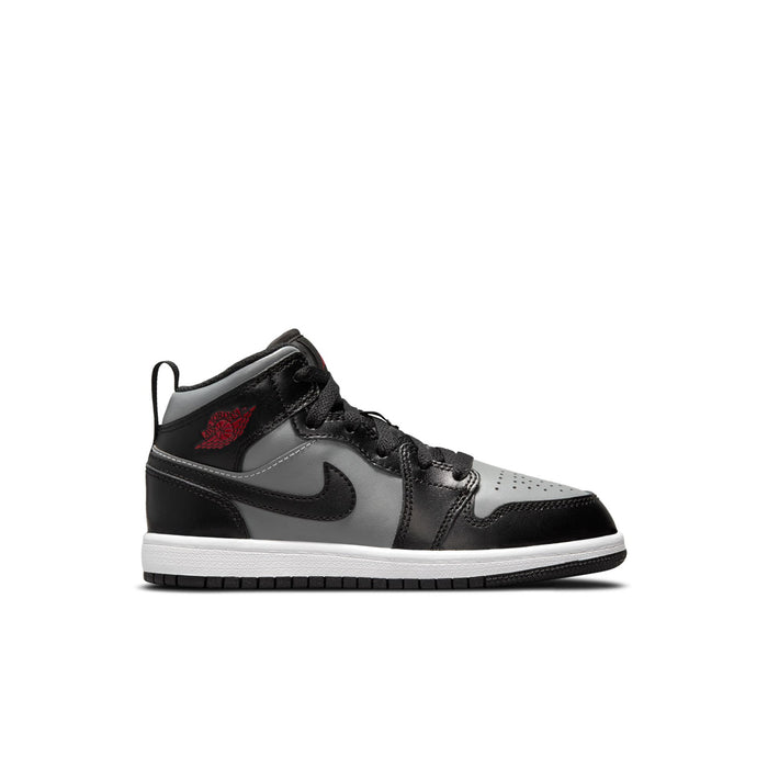 Kids black, grey and white high-top sneaker with red Air logo, lace-up
