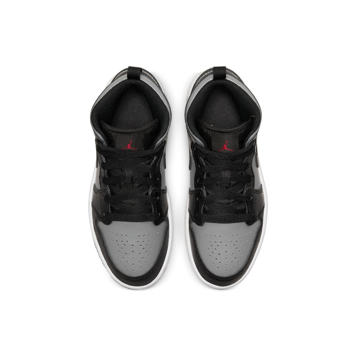 Kids black and grey high-top sneakers, white perforated toe, lace-up