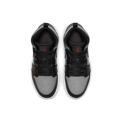 Kids black and grey high-top sneakers, white perforated toe, lace-up