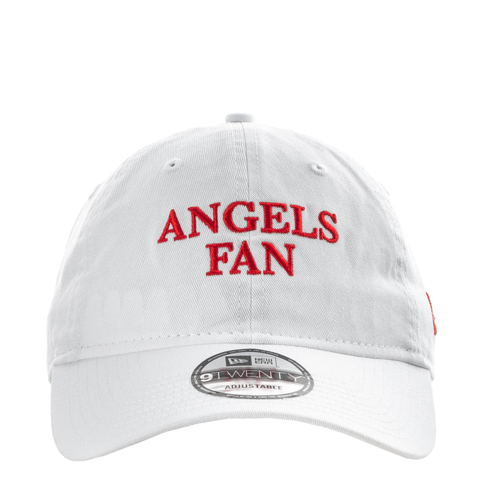 White baseball cap with red “Angels Fan” front logo and adjustable strap