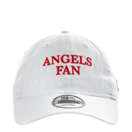 White baseball cap with red “Angels Fan” front logo and adjustable strap