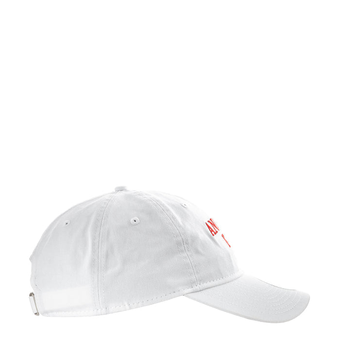 White baseball cap with red Angels logo on side, curved brim, adjustable strap