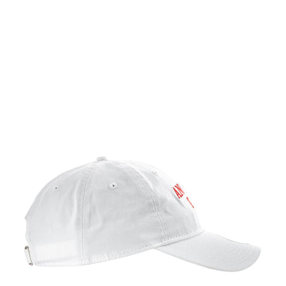 White baseball cap with red Angels logo on side, curved brim, adjustable strap