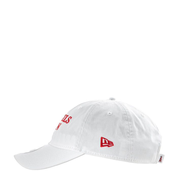 White baseball cap with red New Era logo patch and side Angels lettering